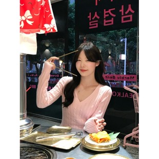 日系软糯粉色v领刺绣针织毛衣女秋冬松弛感甜美绞花外穿内搭上衣