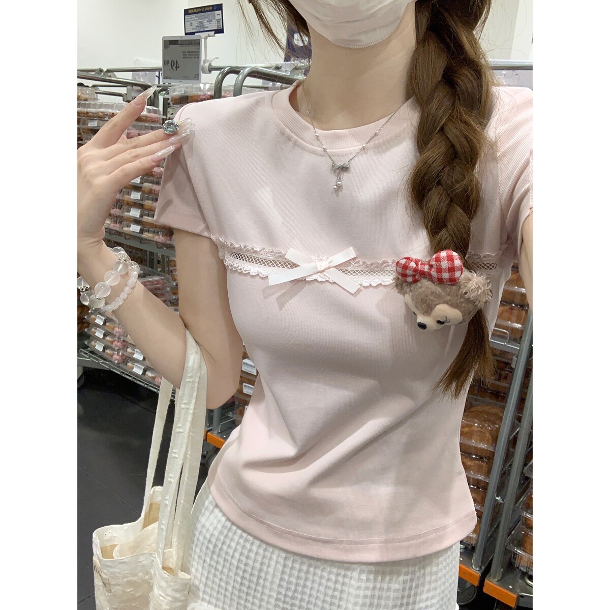 甜美镂空蝴蝶结短袖t恤女夏季纯棉短款修身显瘦设计感小心机上衣
