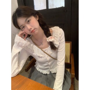 甜美荷叶边长袖针织衫女春季2025新款修身显瘦短款喇叭袖开衫上衣