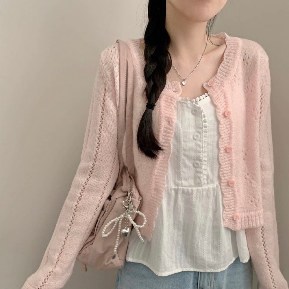 夏季薄款冰丝防晒针织开衫女粉色长袖空调罩衫坎肩外搭高级上衣韩