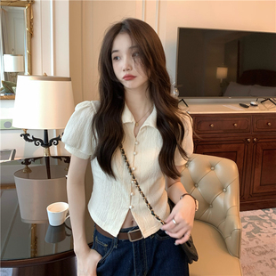 法式 甜美短袖 黑色新款 别致气质慵懒风上衣显瘦短衬衫 2024 女装 夏季