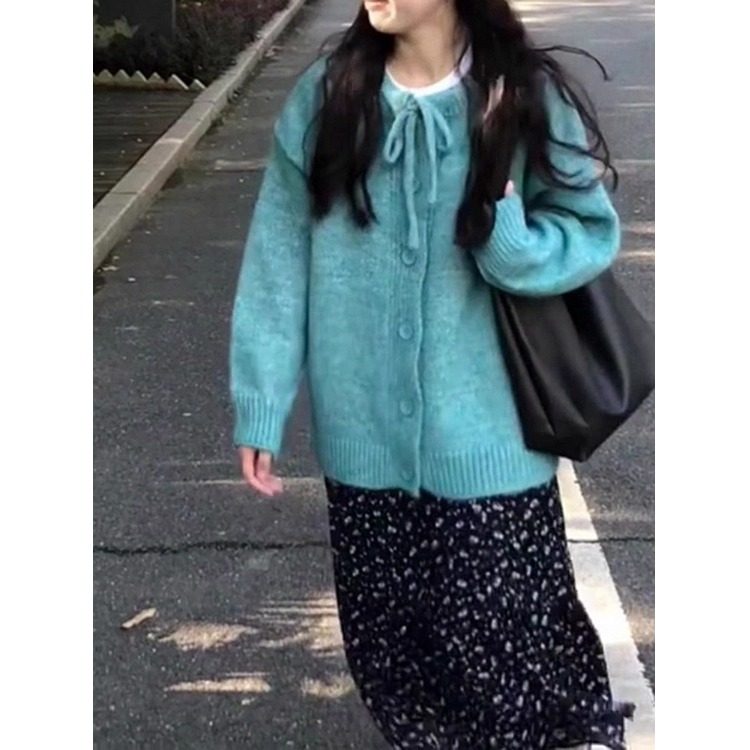 蓝色蝴蝶结毛衣外套女春秋季