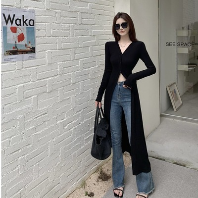 赫本风新款韩版2024气质黑色修身显瘦V领开衫中长款连衣裙外套女