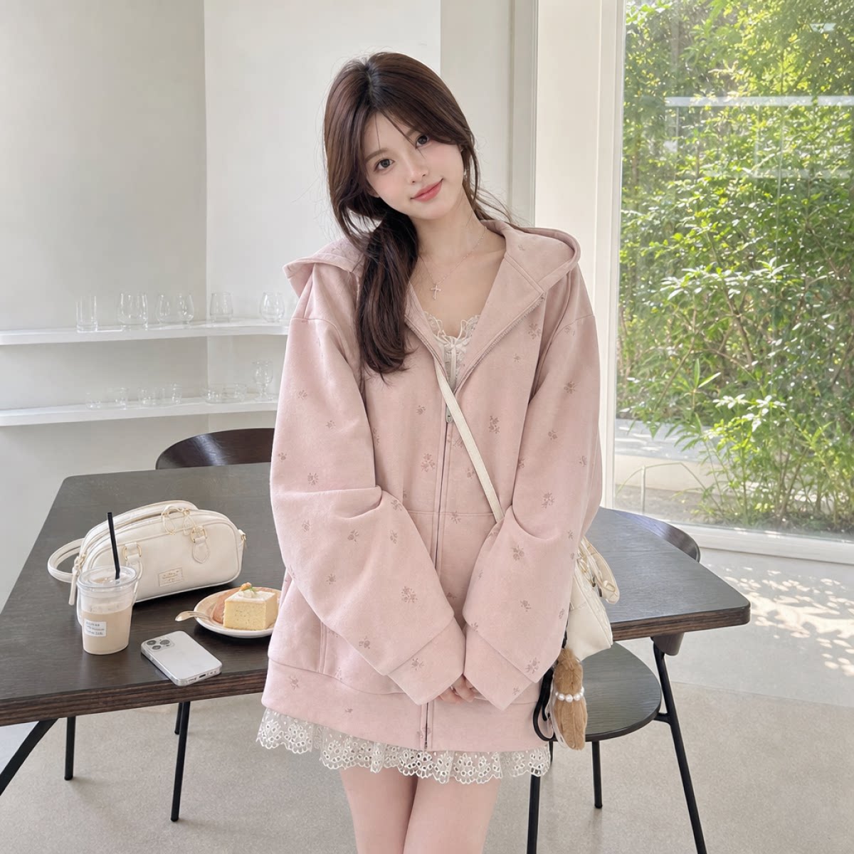 秋冬高级感连帽拉链粉色卫衣女