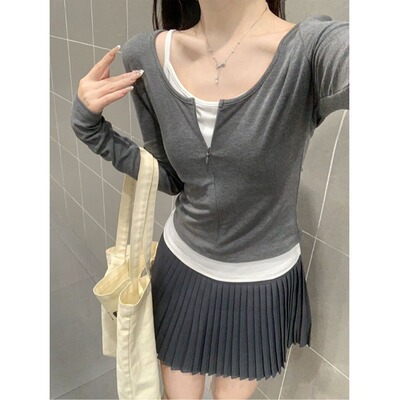 假两件长袖t恤女2026新款春秋内搭打底衫设计感小众高腰短款上衣