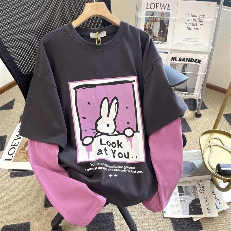 假两件长袖t恤女春秋季大码宽松拼接洋气设计感小众别致上衣潮ins