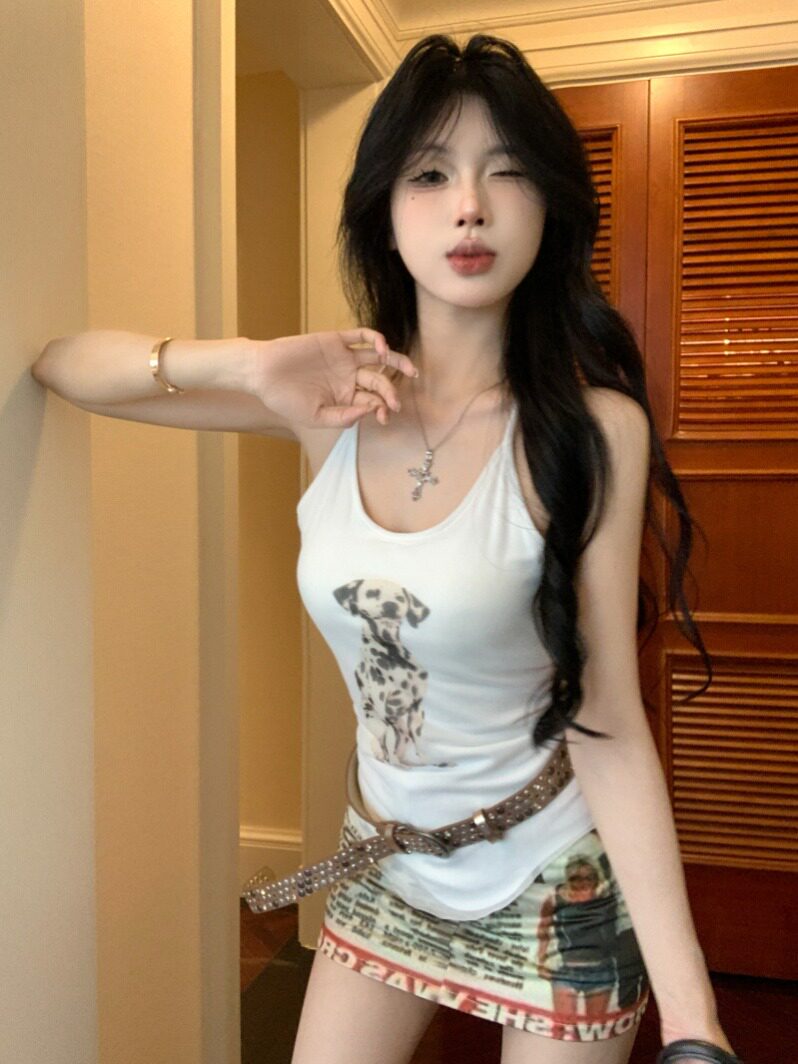纯欲辣妹小狗印花背心吊带女夏季网纱弹力修身不规则露背上衣外穿