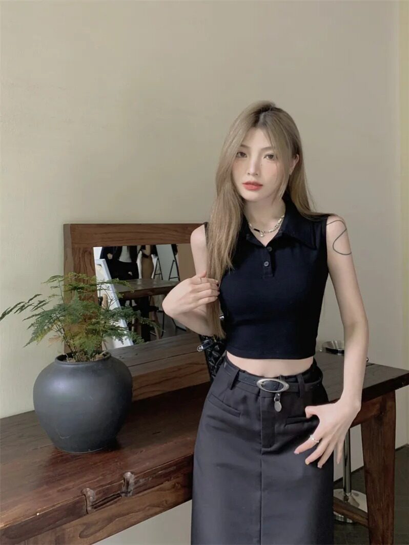 港味chic复古Polo领纽扣无袖背心女夏季新款短款修身显瘦露脐上衣
