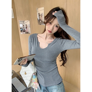 镂空正肩白色长袖T恤女修身韩系新款纯欲显瘦内搭打底衫上衣