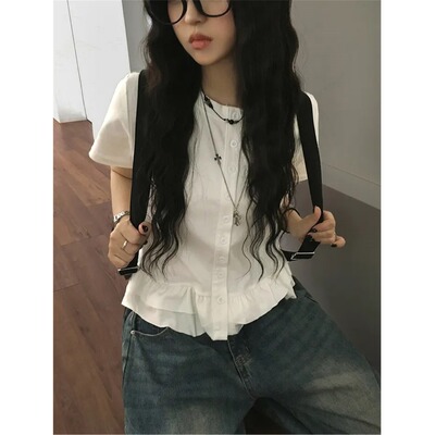 俏皮荷叶边下摆衬衣短袖小衫日系复古少女百搭设计感高级宽松上衣
