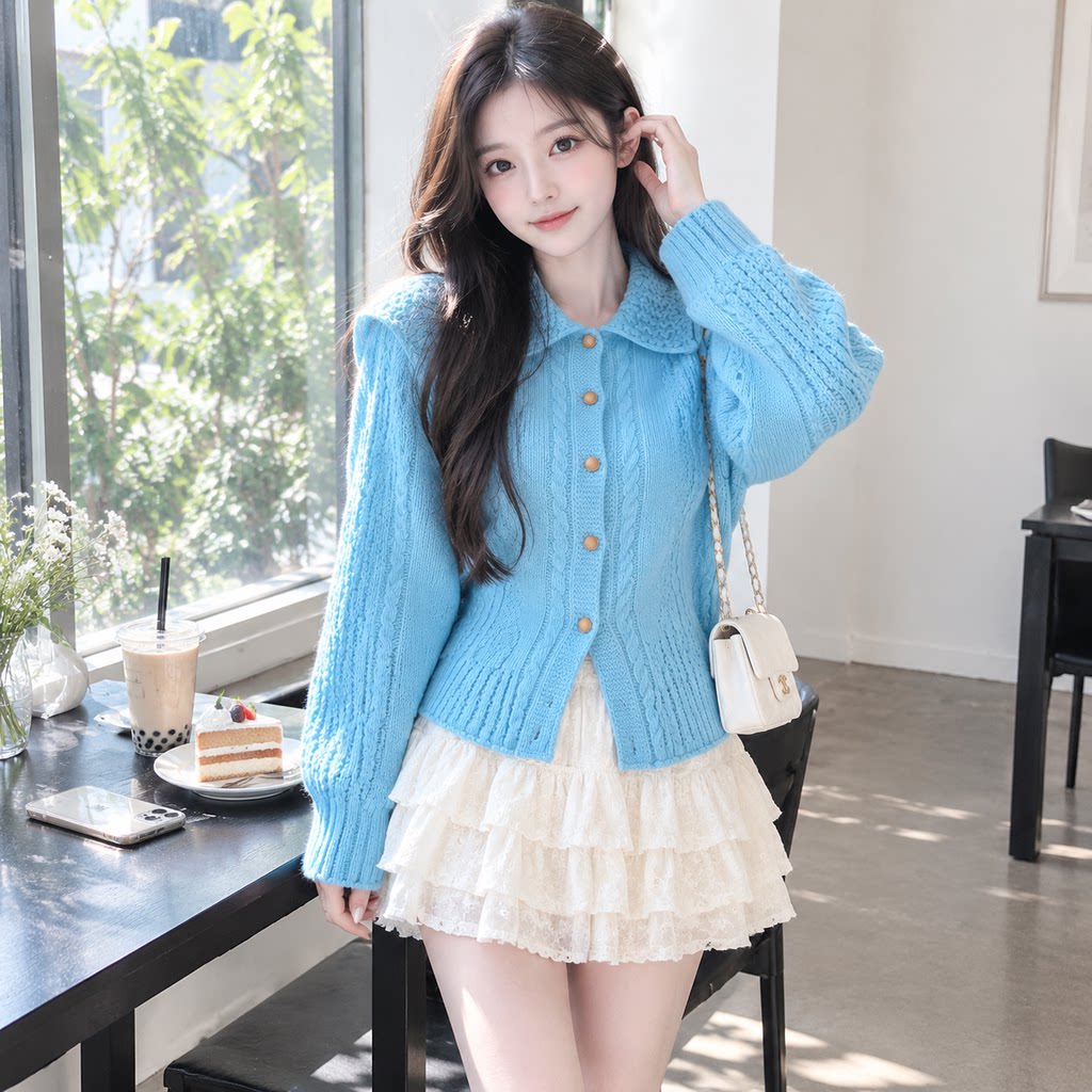 蓝色POLO领麻花针织开衫女春秋