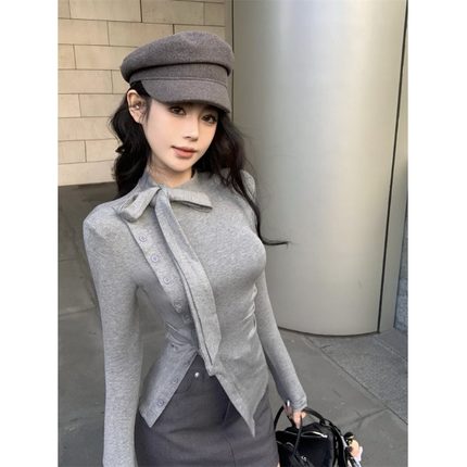 法式系带中领打底衫女秋冬加厚德绒长袖T恤设计感小众不规则上衣