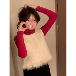 2025新款温柔风套装红色高领针织衫女春季叠穿毛毛马甲背心两件套
