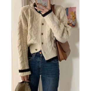 白色短款加厚毛衣女2024秋冬季新款外套慵懒风宽松开衫针织衫上衣