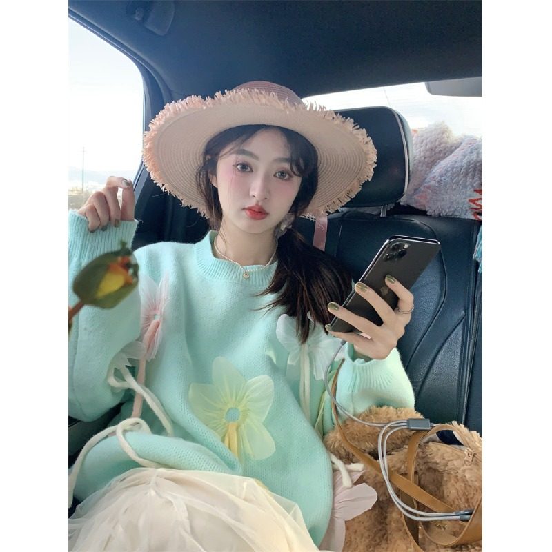 大码女装2025冬季新宽松毛衣外套今年流行立体花朵漂亮针织衫上衣