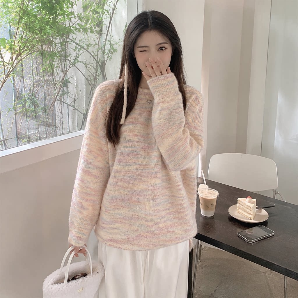 秋冬温柔彩虹针织加绒卫衣女
