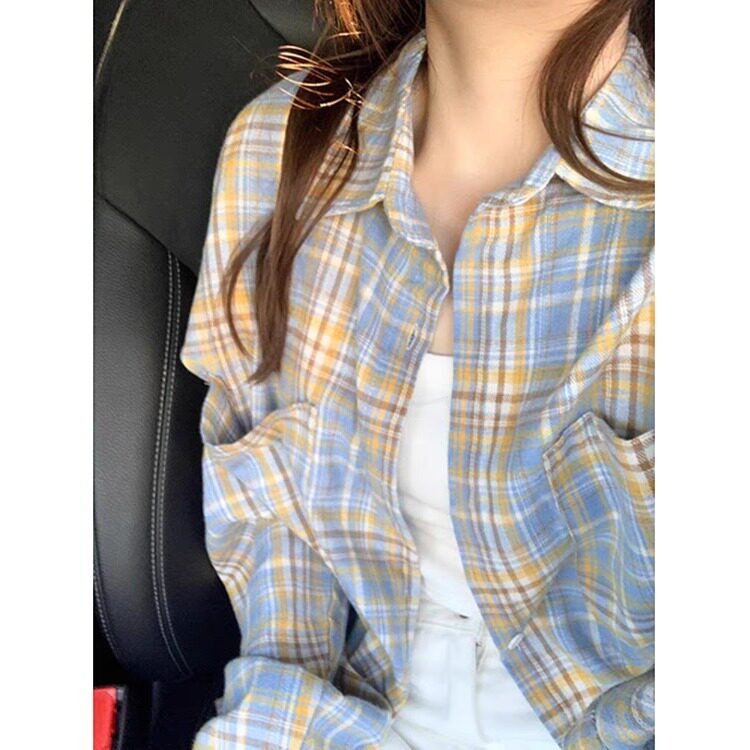 防晒慵懒上衣复古休闲格子长袖衬衫女款新款宽松设计韩版衬衣外套