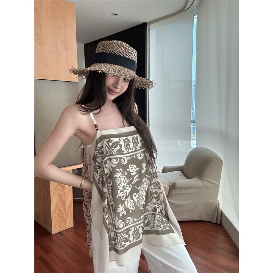 设计感复古印花串珠吊带背心女夏季宽松无袖外穿小众独特气质上衣