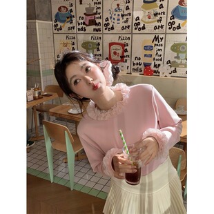 2026秋冬新款韩系气质时尚高级感百搭木耳边圆领长袖t恤衫上衣女