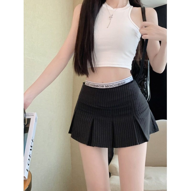 假两件拼接辣妹半身裙夏季高腰西装条纹包臀设计感显瘦百褶短裙子