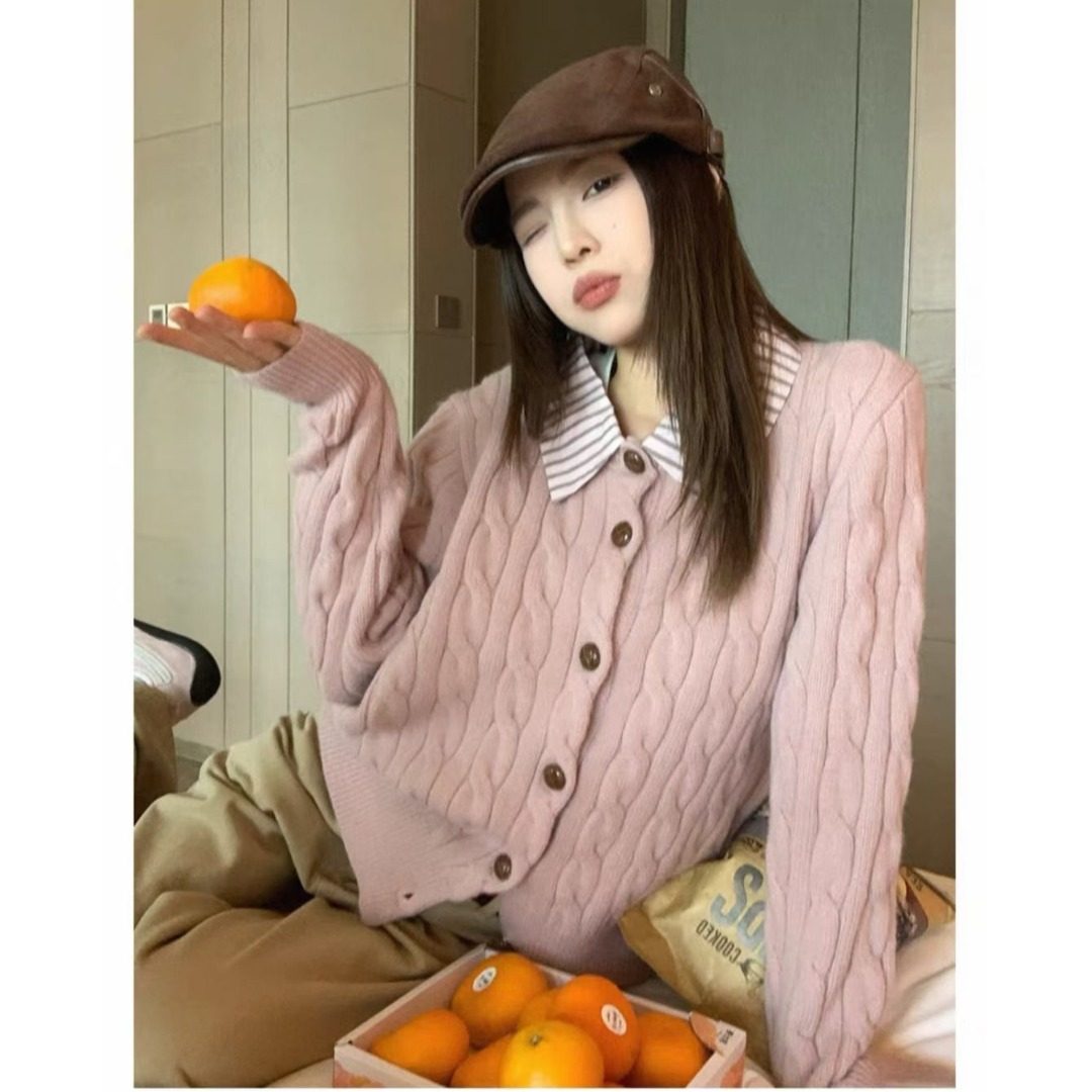 新款粉色假两件polo领针织开衫女2026冬季外穿独特漂亮毛衣外套