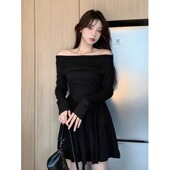 一字领减龄辣妹秋季 气质洋气温柔连衣裙 高级收腰长袖 短裙法式 新款