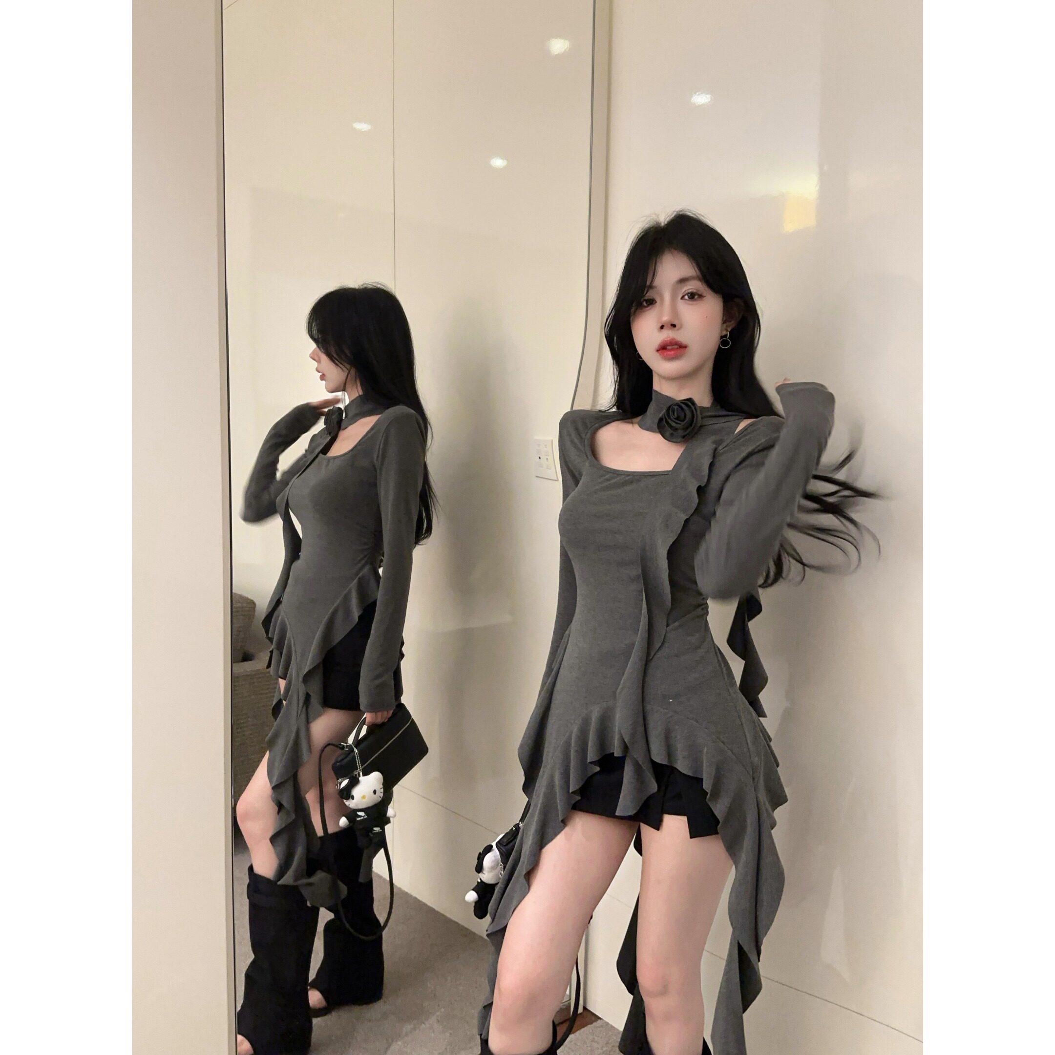 2026春装新款设计感不规则荷叶边方领露锁骨长袖T恤衫女带花上衣