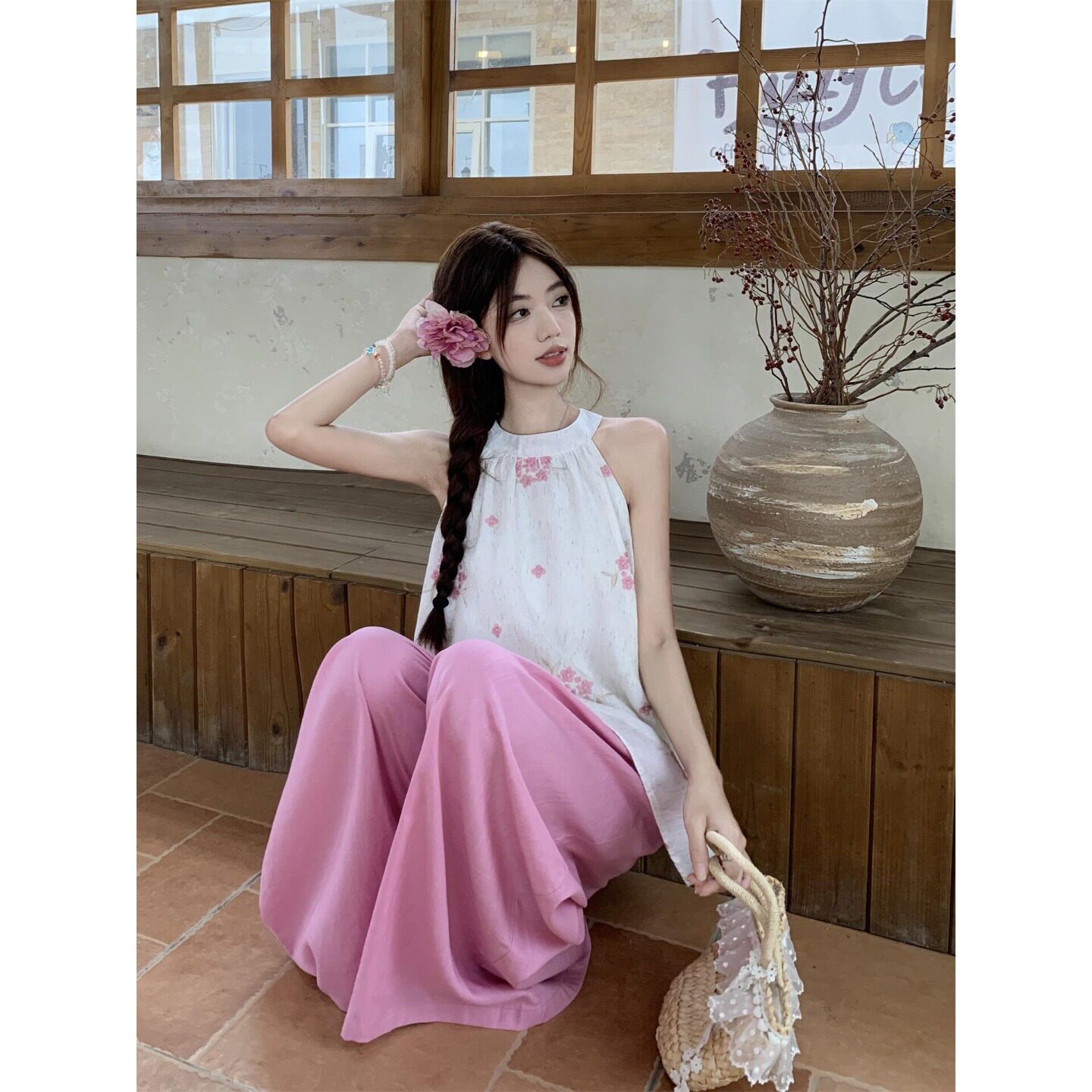 韩系两件套印花2026夏花朵无袖挂脖背心衬衫女装小众吊带露肩上衣