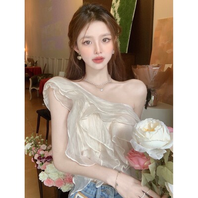 2026夏季内搭荷叶边斜肩雪纺衫女纯欲甜辣妹短款抹胸仙气飘飘上衣