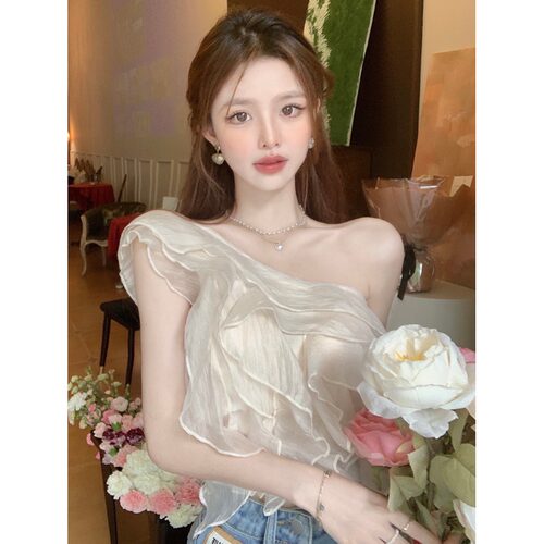 2026夏季内搭荷叶边斜肩雪纺衫女纯欲甜辣妹短款抹胸仙气飘飘上衣