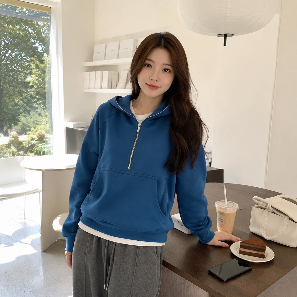 蓝色半拉链连帽卫衣女小个子宽松