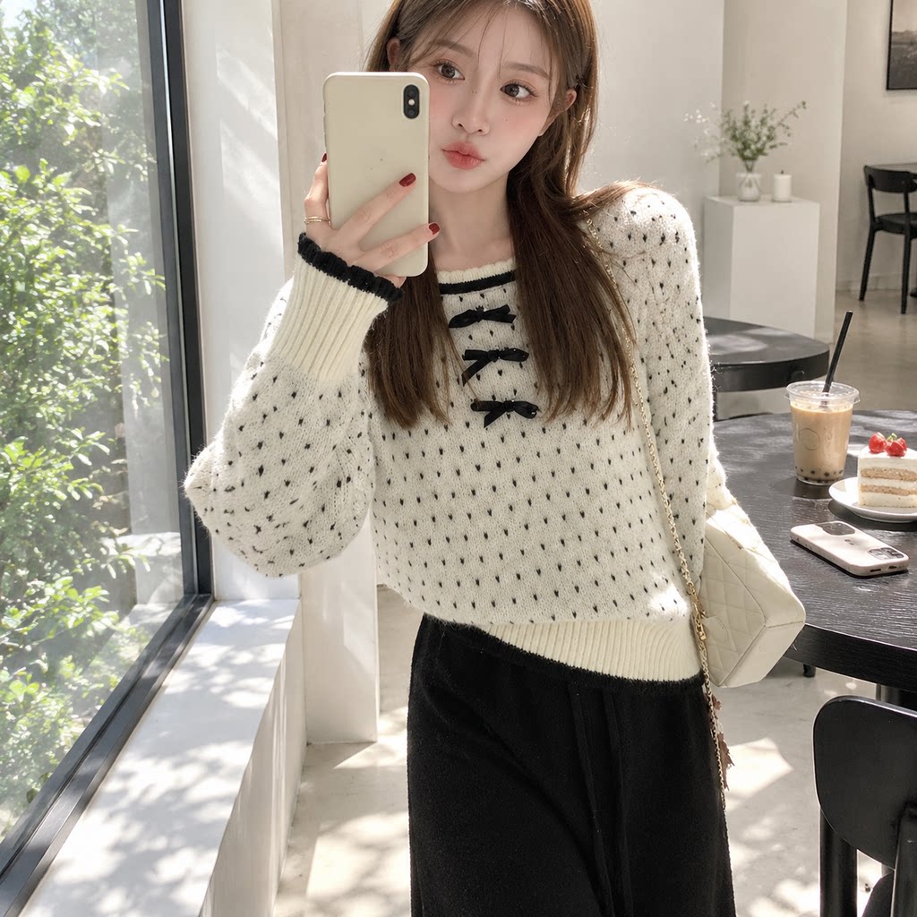 秋冬慵懒风波点花边蝴蝶结毛衣女