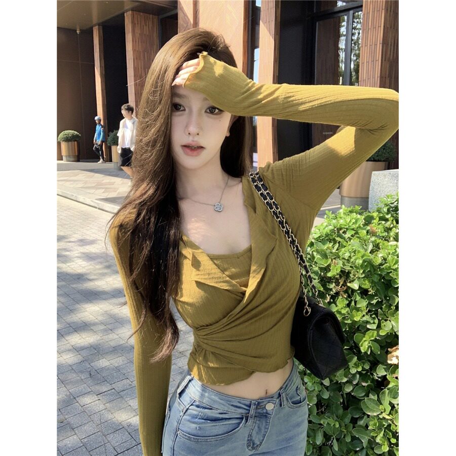 假两件拼接v领长袖T恤女
