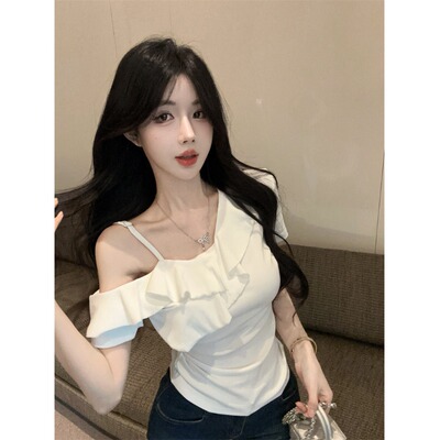 夏季甜辣斜肩荷叶边白色短袖T恤