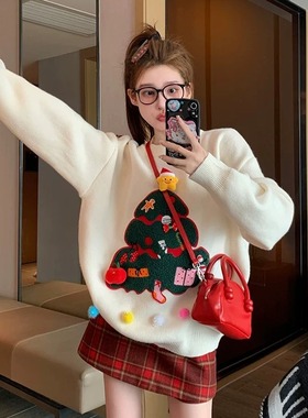 秋冬新款洋气圣诞树红色氛围慵懒风毛衣设计圆领慵懒针织衫上衣