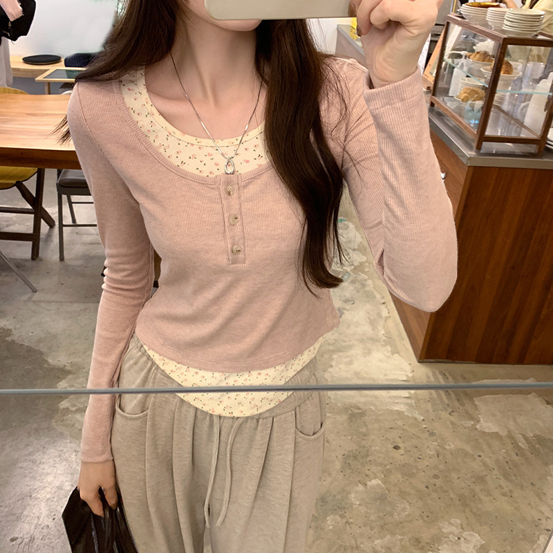 辣妹纯欲风碎花假两件长袖t恤女秋冬保暖德绒修身显瘦短款上衣潮