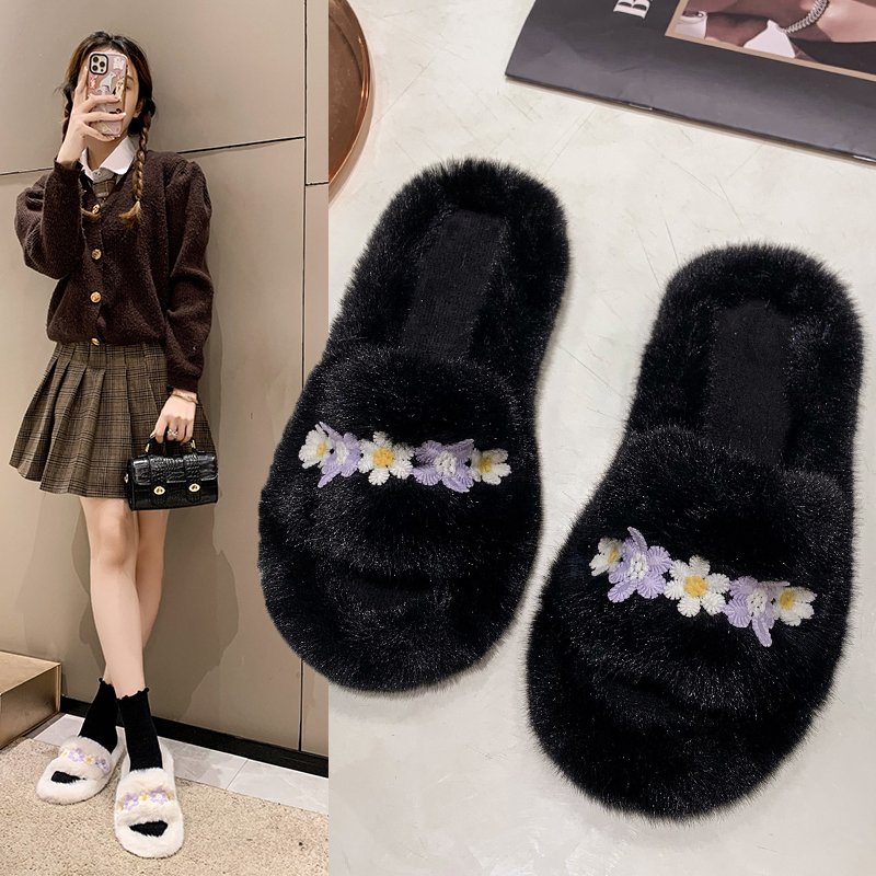 2023白色交叉一字拖毛毛拖