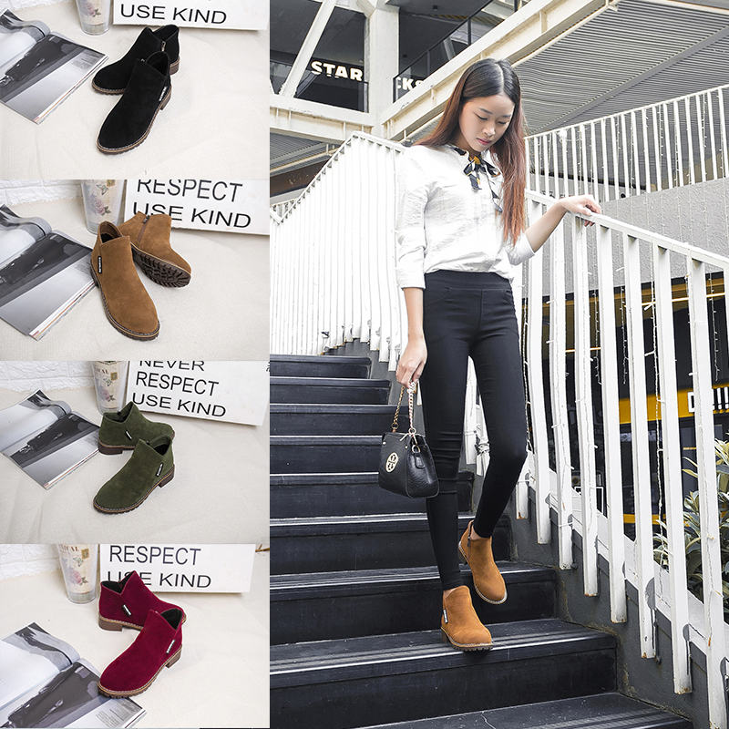 小短靴复古磨砂马丁方跟加大码