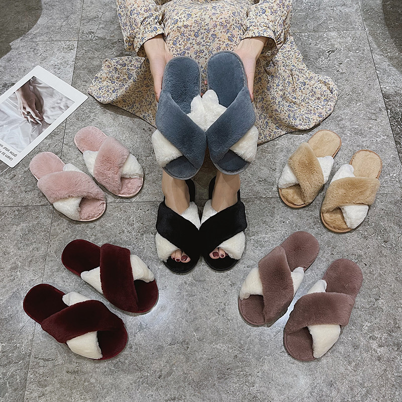 居家室内2025年毛毛拖鞋平底舒适一脚蹬秋冬新款时尚拼色交叉棉拖,女鞋,毛毛鞋,淘宝优惠券,粉丝福利购,淘宝优惠卷