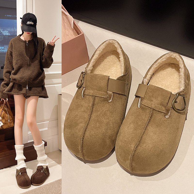 复古反绒皮一脚蹬乐福鞋女冬季