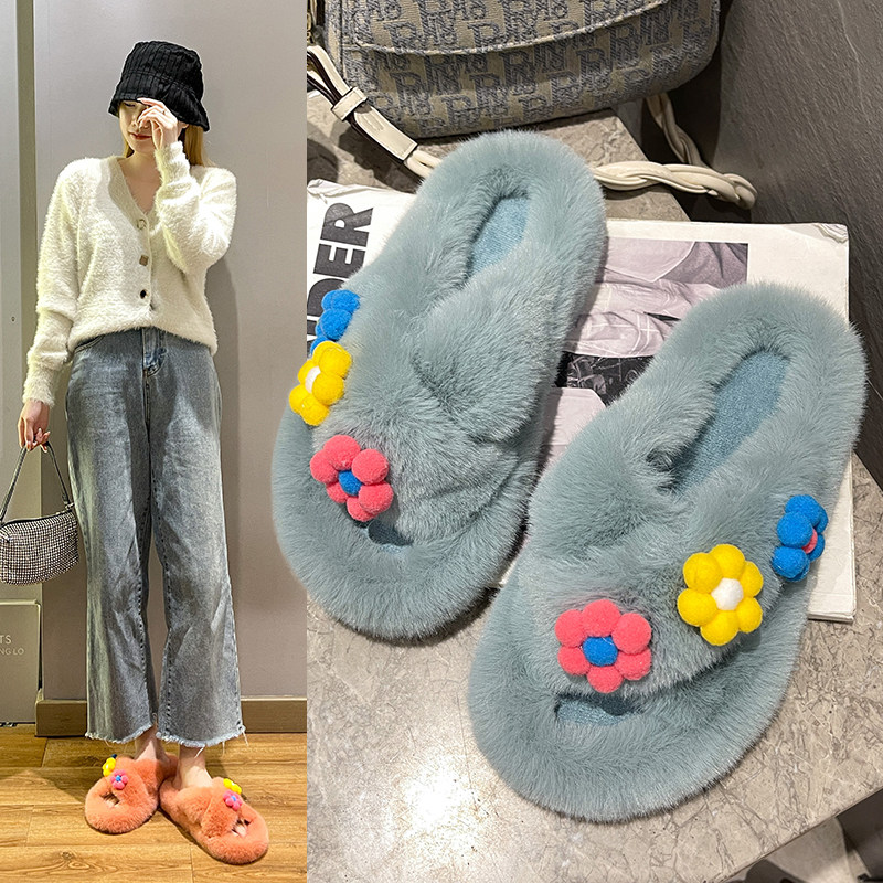 交叉花朵毛毛鞋女外穿2025秋网红时尚棉拖鞋女百搭厚底毛绒一字拖,女鞋,毛毛鞋,淘宝优惠券,粉丝福利购,淘宝优惠卷