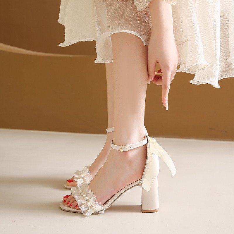 夏季粗跟一字式腕带女士高跟鞋白色雪纺花边珍珠露趾学生少女凉鞋,女鞋,罗马凉鞋,淘宝优惠券,粉丝福利购,淘宝优惠卷