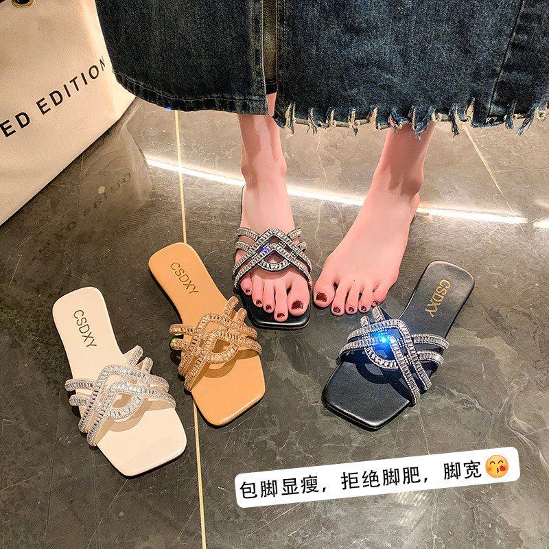 网红爆款平底拖鞋女外穿2025夏季新款水钻炸街一字拖时尚百搭凉鞋,女鞋,一字拖,淘宝优惠券,粉丝福利购,淘宝优惠卷