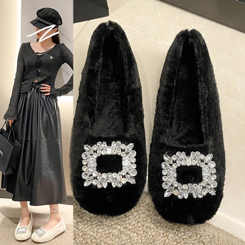 九列温柔水钻方头加绒棉鞋