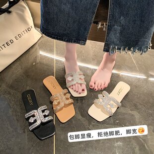 平底网红一字拖 时尚 仙女风居家百搭水钻凉拖鞋 女夏外穿2025年新款