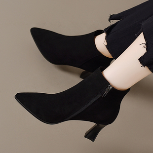 1223n 尖头磨砂短靴女粗跟高跟踝靴单靴加绒鞋 秋冬季 2025新款