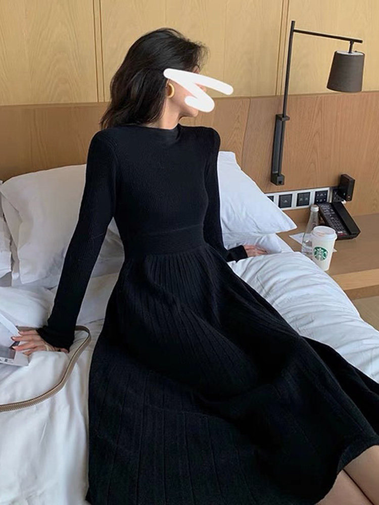 코트와 밑단이 있는 프렌치 무릎길이 스웨터 드레스 슬림핏 가을 겨울 여성을 위한 여성스러운 기질의 니트 드레스