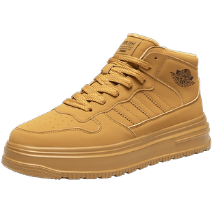 冬季加绒板鞋男厚底轻便高帮加绒保暖黄色男鞋韩版潮流秋冬款鞋子