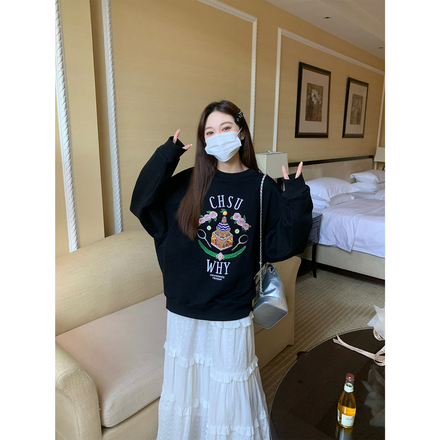米花家【失重乐园】黑色刺绣卫衣女宽松显瘦休闲简约宽松上衣图片