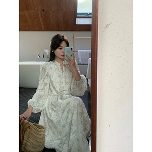 米花家【庄生晓梦】蝴蝶印花茶歇连衣裙女2024春夏季气质仙女裙子